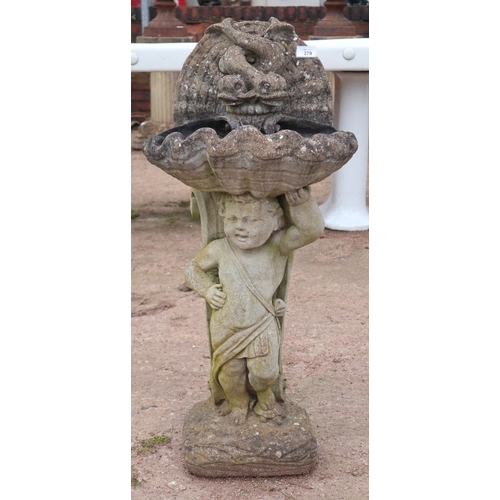 400 - Cherub and Dolphin Bird Bath &ndash; Bird bath with cherub and dolphin supporting a shell bowl. Appr... 