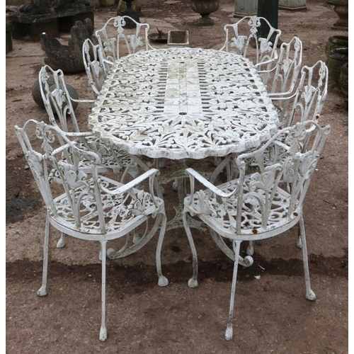 388 - Large Cast Metal Garden Dining Set &ndash; Ornate vintage cast metal table with eight chairs. Table ... 
