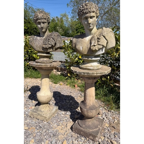 394 - Pair of well weathered reconstituted stone busts of Hermes on Haddenstone plinths - Approx 1.3m tall... 
