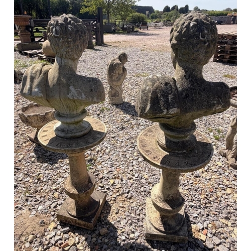 394 - Pair of well weathered reconstituted stone busts of Hermes on Haddenstone plinths - Approx 1.3m tall... 