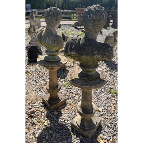 394 - Pair of well weathered reconstituted stone busts of Hermes on Haddenstone plinths - Approx 1.3m tall... 