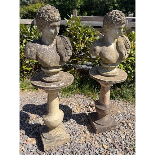 394 - Pair of well weathered reconstituted stone busts of Hermes on Haddenstone plinths - Approx 1.3m tall... 