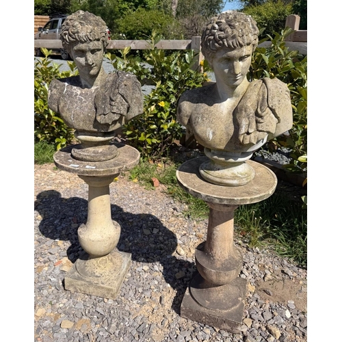 394 - Pair of well weathered reconstituted stone busts of Hermes on Haddenstone plinths - Approx 1.3m tall... 