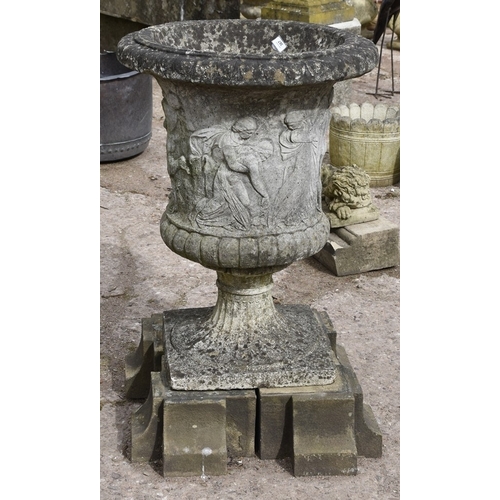 399 - Large Campagna Urn on York Stone Plinth &ndash; Very well‑weathered campagna urn with Grecian figure... 