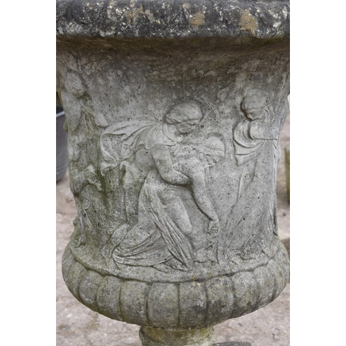 399 - Large Campagna Urn on York Stone Plinth &ndash; Very well‑weathered campagna urn with Grecian figure... 