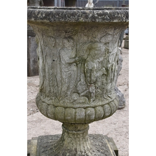 399 - Large Campagna Urn on York Stone Plinth &ndash; Very well‑weathered campagna urn with Grecian figure... 