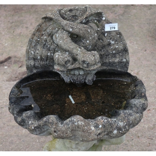 400 - Cherub and Dolphin Bird Bath &ndash; Bird bath with cherub and dolphin supporting a shell bowl. Appr... 