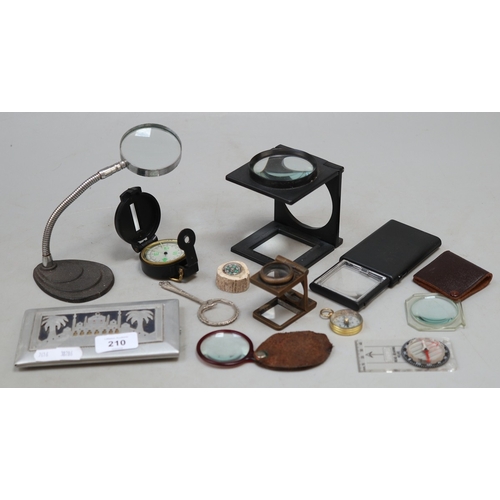 Collectables to include stamp magnifying glasses, compass etc