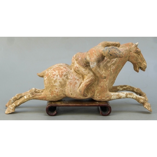 261 - Chinese Terracotta Tang Dynasty polo player on horseback - Flying horse motif. Traces of polychrome ... 