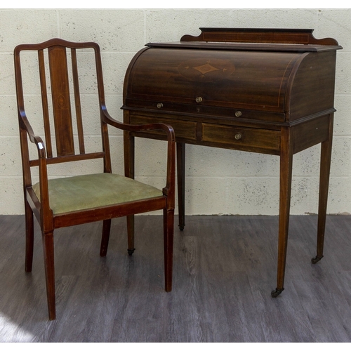 553 - Mahogany Edwardian cylinder writing desk together with an inlaid mahogany elbow chair - Approx W:84 ... 