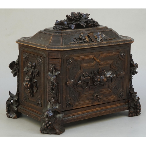 217 - Fine carved Black Forest decanter box complete with original contents - circa late 1800s
