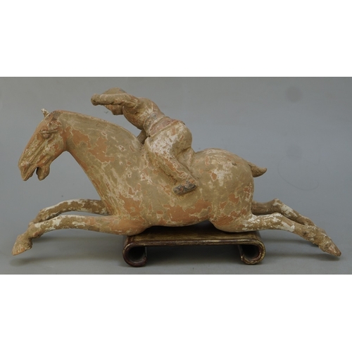 261 - Chinese Terracotta Tang Dynasty polo player on horseback - Flying horse motif. Traces of polychrome ... 