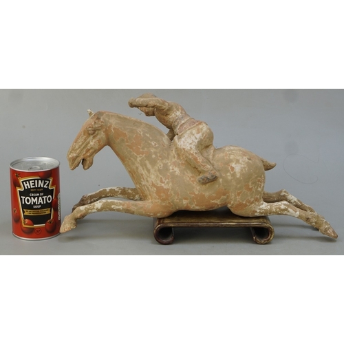 261 - Chinese Terracotta Tang Dynasty polo player on horseback - Flying horse motif. Traces of polychrome ... 
