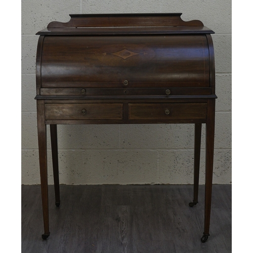 553 - Mahogany Edwardian cylinder writing desk together with an inlaid mahogany elbow chair - Approx W:84 ... 