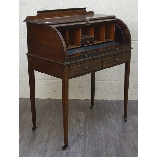 553 - Mahogany Edwardian cylinder writing desk together with an inlaid mahogany elbow chair - Approx W:84 ... 