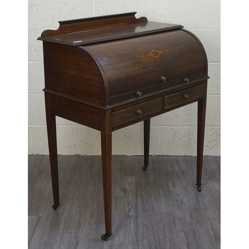 553 - Mahogany Edwardian cylinder writing desk together with an inlaid mahogany elbow chair - Approx W:84 ... 