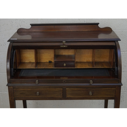553 - Mahogany Edwardian cylinder writing desk together with an inlaid mahogany elbow chair - Approx W:84 ... 