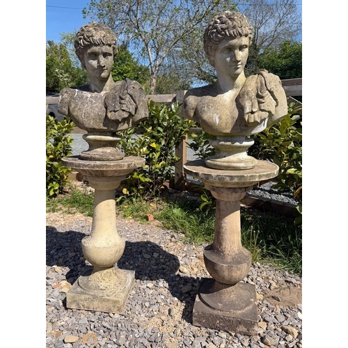 245 - Pair of well weathered reconstituted stone busts of Hermes on Haddenstone plinths - Approx 1.3m tall...
