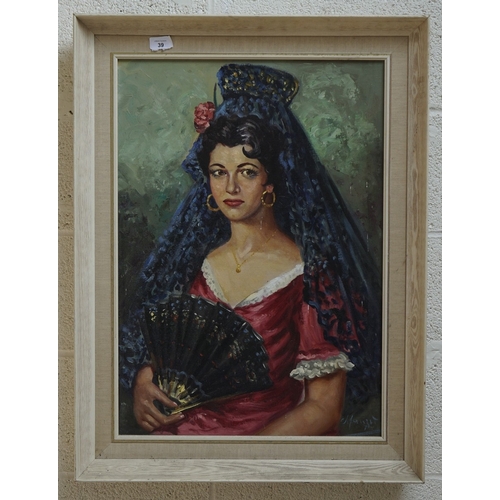 39 - Vintage oil painting of Spanish Lady - IS: 48cm x 68cm