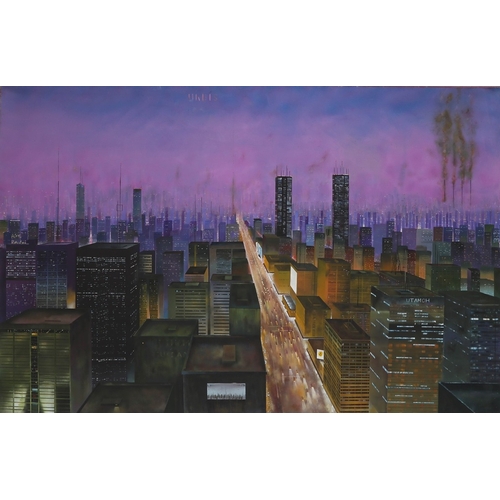 293 - Large oil on canvas depicting an almost dystopian cityscape of rooftops and skyscapers, intersected ...