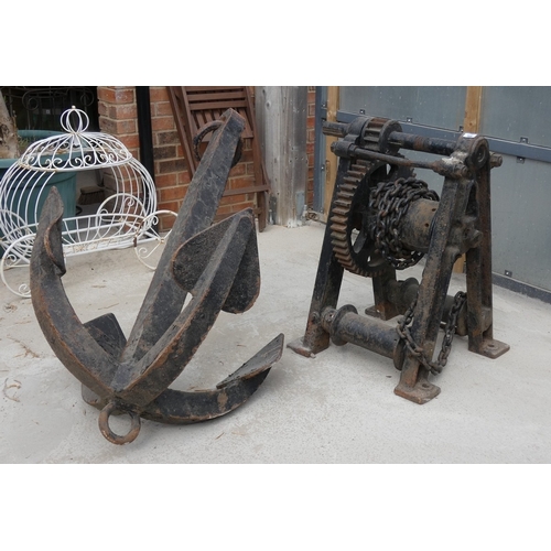 470 - Very large and heavy antique steel anchor with winch and chain