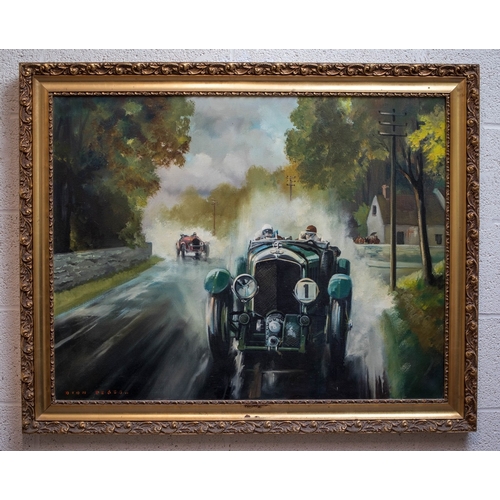 Gilt framed oil on canvas - Approx IS 90cm x 70cm depicting Sir Tim Birkin's supercharged 4½ Litre "Blower" Bentley at the 1930 RAC Tourist Trophy, held on the demanding Ards Circuit near Belfast