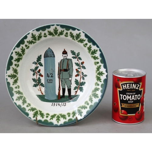 WW1 German patriotic bowl featuring a Big Bertha shell, soldier in full ...