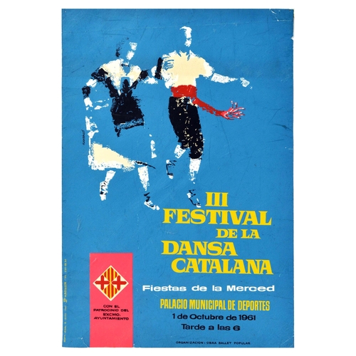 Advertising Poster Catalan Dance Festival Sardana Spain Original vintage advertising poster for III Festival of the Catalan Dance Festival of La Merced / III Festival de la Dansa Catalana Fiestas de la Merced, held at the Municipal Palace of Sports on 1 October 1961, organised by Obra Ballet Popular with sponsorship of the City Council. The poster features a dynamic illustration of two dancers side by side holding hands possibly dancing sardana, lady in a black and white dress, and gentleman in white shirt, red belt, and black trousers. Sardana is a typical Catalan culture dance performed in circle. Fair condition, fold, tear, creasing, pinholes. Country of issue: Spain, designer: Santiago, size (cm): 41x28, year of printing: 1961.
