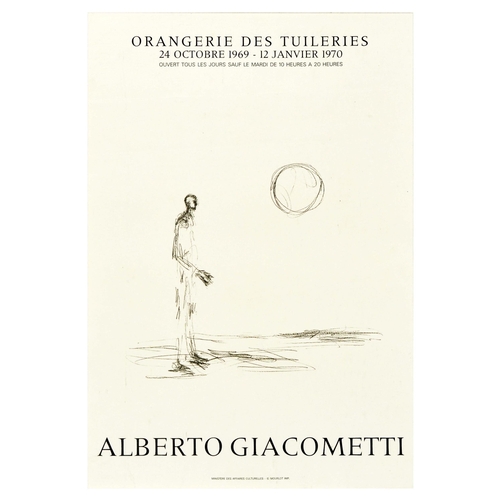 Advertising Poster Giacometti Sculptor Art Exhibition Paris Original vintage advertising poster for a Swiss sculptor's Alberto Giacometti (1901-1966) artwork exhibition at the Orangerie des Tuileries from 24 October 1969 to 12 January 1970, featuring a sketch of a tall silhouette and round shape above it. Organised by the Culture Ministry. Printed by Mourlot. Good condition, folds, light staining. Country of issue: France, designer: Alberto Giacometti, size (cm): 63x43, year of printing: 1968.