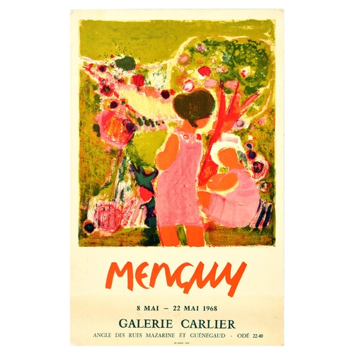 Advertising Poster Menguy Contemporary Art Exhibition Original vintage advertising poster for a French Post-war Contemporary painter Frederic Menguy (1927-2007) artwork exhibition at the Galerie Carlier from 8 May to 22 May 1968, featuring a bright colourful painting depicting two ladies in pink dresses in a blooming garden. Good condition, light staining, browning, creasing, tape marks in the corners. Country of issue: France, designer: Frederic Menguy, size (cm): 72x46, year of printing: 1968.