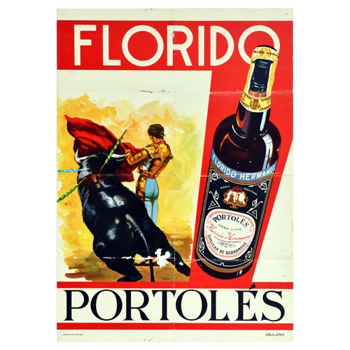 Advertising Poster Florido Portoles Jerez Wine Spain Corrida Bullfighting Matador Original vintage advertising poster for Florido Portoles Gran Vino Sanlucar de Barrameda wine, featuring an illustration of a bull raging towards matador's red muletta cape, alongside a large bottle of Florido Portoles wine, set over red and white background. Manzanilla is a variety of fino sherry made around the port of Sanlucar de Barrameda, in the province of Cadiz, Andalusia (Spain), and is produced under the Spanish Denominacion de Origen Protegida (DOP) of Manzanilla-Sanlucar de Barrameda DOP. In Spanish, chamomile infusion is called "manzanilla", and thus this wine gets the name because the wine's flavour is said to be reminiscent of such infusion. The sherry is manufactured using the same methods as a fino and results in a very pale, dry wine. It is often described as having a salty flavour, believed to develop from its being manufactured on the sea estuary of the Guadalquivir river. Sanlucar de Barrameda's cool temperatures and high humidity contribute to a higher yield of flor yeast than in Jerez or El Puerto de Santa María. The thicker cap of flor better protects the wine from contact with the air, resulting in a fresher, more delicate flavour than other varieties of fino. It is typically aged for five years in a solera, but some types may be aged longer. Poor condition, paper losses, folds, staining, browning, pinholes, ink on image. Country of issue: Spain, designer: Unknown, size (cm): 70x49, year of printing: 1960s.