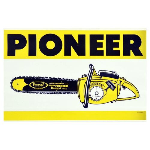 Advertising Poster Pioneer Chainsaw Husqvarna Tool  Original vintage advertising poster for Pioneer chainsaw, featuring an illustration of the chainsaw in yellow and black with Durarail chain and yellow lettering on the blade - for peak performance use only genuine Pioneer Duracut chain. - Pioneer was one of the oldest chainsaw manufacturers, with Husqvarna Electrolux acquiring the company in 1979. Printed un Belgium by Ter Riye Brugge. Horizontal. Good condition, creasing, tears, foxing. Country of issue: Belgium, designer: Unknown, size (cm): 36x55, year of printing: 1970s.
