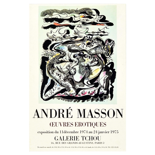 Advertising Poster Andre Masson Abstract Erotic Works Art Exhibition Original vintage advertising poster for a French artist Andre Masson artwork exhibition Ouvres Erotiques / Erotic Works held at the Galerie Tchou from 11 December 1975 to 24 January 1975, featuring an abstract artwork of black ink shapes over light background. Andre Aime Rene Masson (1896-1987) was a French artist known for his surrealist paintings. Good condition, creasing, staining. Country of issue: France, designer: Andre Masson, size (cm): 57x37.5, year of printing: 1974.