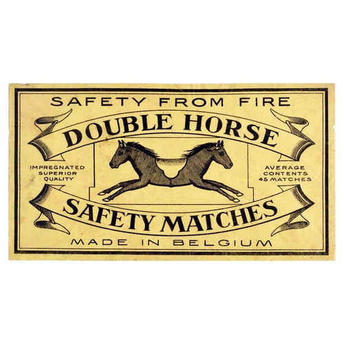 Advertising Poster Double Horse Safety Matches Belgium Original vintage advertising poster for Double Horse safety matches, featuring an illustration of a double horse, bold title over ribbons, text above and below - Safety from fire. Impregnated superior quality. Average contents 45 matches. Made in Belgium. Black lettering cream background. Horizontal. Fair condition, creasing, staining, repaired tear, tears. Country of issue: Belgium, designer: Unknown, size (cm): 16.5x30, year of printing: 1920s.