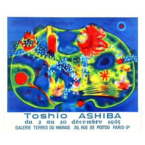 Advertising Poster Toshio Ashiba Abstract Art Exhibition Original vintage advertising poster for a Japanese artist Toshio Ashiba (b.1931) artwork exhibition at Galerie Terres du Marais from 2 to 20 December 1985, featuring a colourful abstract painting in blue, green, yellow, and red colours. Horizontal. Very good condition, minor tears in the top right corner. Country of issue: France, designer: Toshio Ashiba, size (cm): 51x60.5, year of printing: 1985.