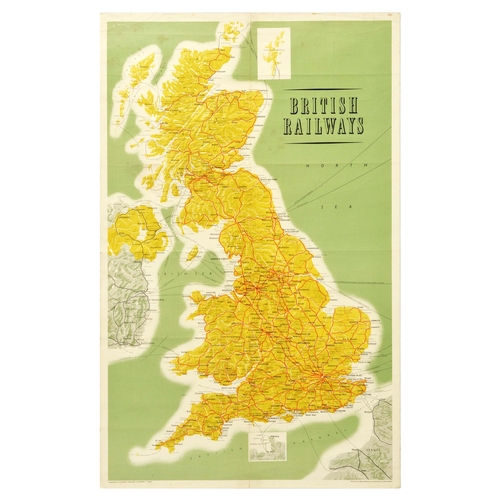 Travel Poster British Rail System Map UK England Scotland Wales Ireland Original vintage travel poster for British Railways featuring a detailed map of the United Kingdom with railway routes marked in red over the England, Scotland, and Wales, and black in the Northern Ireland, the map includes the Irish Sea, English channel, and various water routes connecting the UK to European cities of Amsterdam, Antwerp, Bremen, Copenhagen, Dunkirk, Hamburg, Rotterdam, Ghent, Gothenburg, Ostend, marking the connections at Dover - Calais - Boulogne. Published by The British Transport Commission. Printed in Great Britain by Waterlow & Sons Limited.  Good condition, folds, repaired tears, staining, creasing. Country of issue: UK, designer: Reitz, size (cm): 101x63, year of printing: 1962.