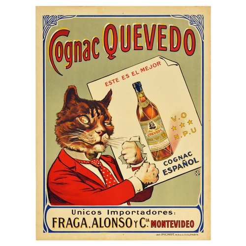 22 - Advertising Poster Cognac Quevedo Alcohol Cat Spain Original vintage advertising poster for Spanish ... 