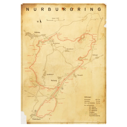 Sport Poster Nurburgring Racing Circuit Map Germany Original vintage motorsport poster featuring a map of the Nurburgring complex and the surrounding area marking the North and South Loops, Start and Finish, entrances and exits, parking spaces, spectator seats, and total mileage. The Nurburgring is a large motorsports complex located in Nurburg, Rhineland-Palatinate, Germany, it includes Grand-Prix race track, North and South loops, the venue hosts German Grand Prix, European Grand Prix, Luxembourg Grand Prix, Eifel Grand Prix, DTM, 24 hour and 1000 km endurance races, NLS, World RX, ADAC, Superbike World Championship.  Poor condition, tears, paper losses, browning, staining, fold, creasing. Country of issue: Germany, designer: Unknown, size (cm): 84x60, year of printing: 1960s.