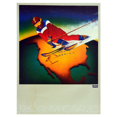 Sport Poster Moscow Olympics 1980 Skiing Levis Original vintage sport poster published by the Levi Strauss clothing brand (founded 1853) for the 1980 Moscow Olympic Games featuring dynamic artwork depicting a skier in red, white and blue skiing at speed with the white spray of snow lit up over the map of North America highlighted on a globe above small silhouettes of a ski jumper leading to a skier with arms outstretched to wings, the Levi's logo and stylised title text in the margin below. One of a series of six posters commissioned by the blue jeans manufacturer Levi's as official sponsors of the US team for the 1980 Olympic Games; this Levi's Olympic Opportunity Sweepstakes campaign emphasised a sport associated with each of the six continents competing in the event - Skiing (North America), Gymnastics (Asia), Swimming (Australia), Track & Field (Africa), Soccer (South America), Cycling (Europe) - but the posters were withdrawn following the decision by US President Carter to boycott the Olympics in protest after the USSR invaded Afghanistan in December 1979. Fair condition, creasing, small tears on the margin, paper skimming, staining. Country of issue: USA, designer: Michael Gibson, size (cm): 61x46, year of printing: 1979.