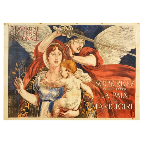 War Poster National Defence Loan WWI Peace Through Victory Original antique French World War One propaganda poster 3rd National Defence Loan / 3e Emprunt de la Defence Nationale featuring a dynamic illustration of a lady in blue dress holding up an olive branch in one hand and a child in the other, resembling Madonna and child, and a winged man - a guardian angel, holding a sword protecting them, the stylised text on the side reading - Subscribe to hasten Peace through Victory / Souscrivez pour hâter la Paix par la Victoire. Horizontal. Fair condition, folds, creasing, tears, staining, tape on top edge. Country of issue: France, designer: A. Besnara, size (cm): 80x113, year of printing: 1917.