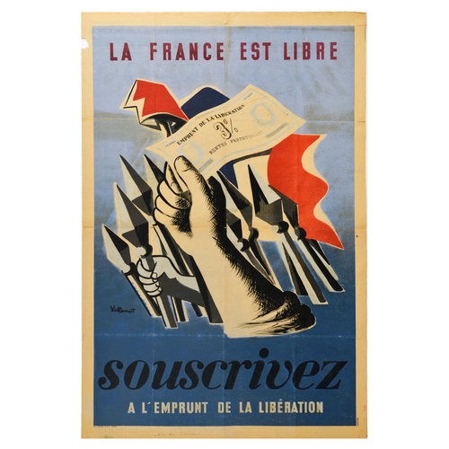 War Poster WWII France Is Free War Loan Original vintage World War Two poster - La France est Libre. Souscrivez a l'emprunt de la liberation / France is Free. Subscribe to the liberation loan - featuring an illustration by the renowned graphic artist Bernard Villemot (1911-1989) of a hand holding Emprunt de la liberation 3% Rentes perpetuelles / Liberation loan 3% Perpetual annuities with spears and flag set over gradual blue background. Printed by Bedos & Cie. Paris. Poor condition, tears, folds, creasing, paper losses, repaired tears, foxing. Country of issue: France, designer: Villemot, size (cm): 119x79.5, year of printing: 1945.