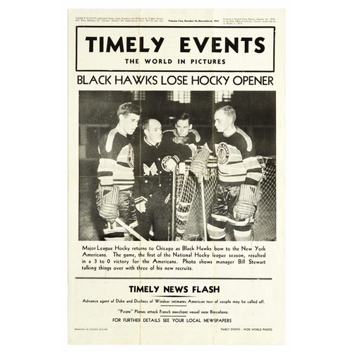 58 - Advertising Poster Timely Events Black Hawks Hockey New York Americans Original vintage newspaper po... 