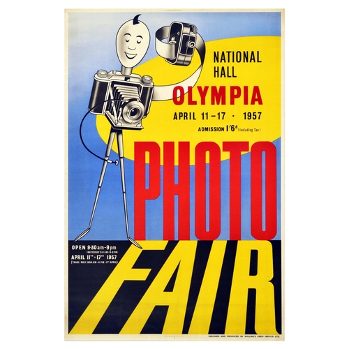 Advertising Poster Photo Fair London Olympia Photography Camera Original vintage advertising poster for Photo Fair held at National Hall Olympia in London on 11-17 April 1957, featuring an illustration of a camera on a tripod stylised as a photographer with arms made of film, and a smiling face on the top, stylised bold title in red and yellow set over blue and black background. Designed and produced by Willing's Press Service Ltd. Very good condition, light staining on the bottom, small tears and bumps on margins. Country of issue: UK, designer: Willing's Press Service Ltd, size (cm): 76.5x51, year of printing: 1957.