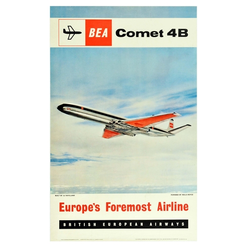 Advertising Poster BEA Airline Comet 4B Plane Rolls Royce Havilland Original vintage advertising poster for BEA British European Airways - Europe's Foremost Airline featuring an illustration of a Comet 4B plane built by a British aviation manufacturer De Havilland and powered by Rolls-Royce engines. First Comet 4B plane flew in 1959 beginning Tel Aviv to London Heathrow services. BEA was a British airline founded in 1946 and ceasing operations in 1974 when it merged with British Overseas Airways Corporation BOAC to form British Airways. Printed in Great Britain by McCorquodale & Co Ltd N.W.1 Overprinted by Regina Studios Ltd Colnbrook England. Very good condition, light creasing. Country of issue: UK, designer: Unknown, size (cm): 101.5x63.5, year of printing: 1960.