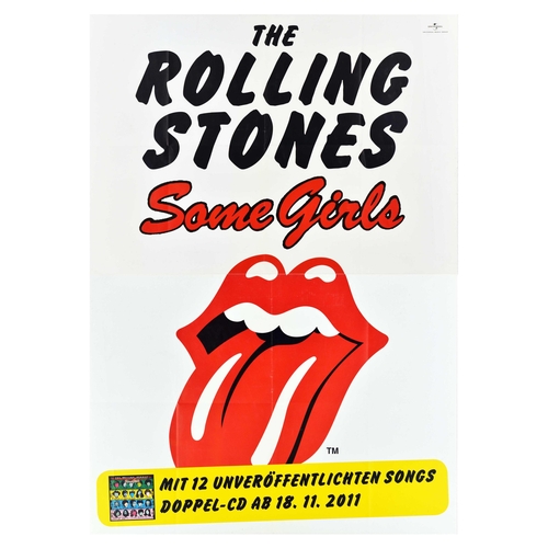 Music Poster Rolling Stones Rock Music Some Girls . Original vintage advertising poster for the release of Rolling Stones CD for the album Some Girls in 2011. Some Girls is the 14th British and 16th American studio album by the English rock band the Rolling Stones, released on 9 June 1978 on Rolling Stones Records. Despite controversy surrounding its cover artwork and lyrical content, Some Girls was a commercial success, it became the band's top-selling album in the US, having been certified by the RIAA for selling six million copies sold by 2000. Several hit singles emerged from the album which would become rock radio staples for decades, including "Beast of Burden" (US No. 8), "Shattered" (US No. 31), "Respectable" (UK No. 23), highlighted by "Miss You", which reached No. 1 in the US and No. 3 in the UK. Some Girls was re-issued on 21 November 2011 as a 2-CD deluxe edition, including twelve songs originally recorded during the two sessions for the album. The album re-entered the charts at No. 58 in the UK and No. 46 in the US. "No Spare Parts" was released as a single on 13 November, which went to No. 2 on Billboard's Hot Singles Sales.  Good condition, folds, minor creasing, tears, minor staining, printed on two separate unattached sheets. Country of issue: Germany, designer: Unknown, size (cm): 168x118, year of printing: 2011