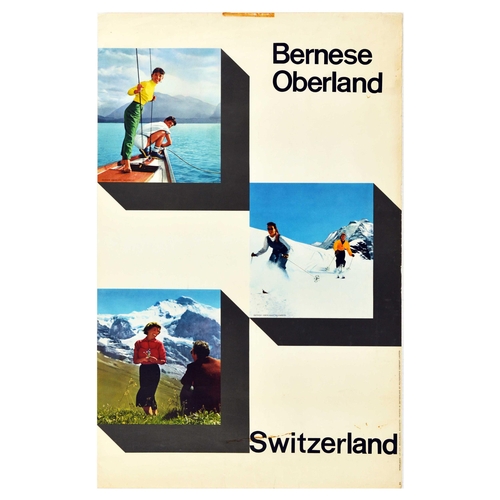 Travel Poster Bernese Oberland Ski Switzerland Sailing Skiing Hiking. Original vintage travel poster promoting summer and winter sports in the Bernese Oberland Swiss Alps popular for skiing and walking, the poster features three photographs depicting a smiling couple sailing on a yacht, a couple skiing down the mountain slope, and a smiling lady with flowers looking at a gentleman seated on the grass with snowy mountains in the background. Lay-out by Muhlemann, Bochetti. Printed in Switzerland by Polygraphic Company, Laupen. Fair condition, creasing, tears, staining. Country of issue: Switzerland, designer: Unknown, size (cm): 102x64, year of printing: 1958