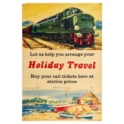 Travel Poster Holiday British Railway Diesel D200 Seaside Beach. Original vintage travel poster published by British Transport Commission featuring a great dynamic illustration of a Class 40 diesel train on the railway track, and a seaside view of a couple on the beach with boats and yachts behind them, the caption on the poster reads - Let us help you arrange your Holiday Travel. Buy your rail tickets here at station prices. - Printed in Great Britain by Waterlow & Sons Limited. Good condition, creasing, folds, staining, paper loss in top left corner. Country of issue: UK, designer: Johnston, size (cm): 75x51, year of printing: 1950s