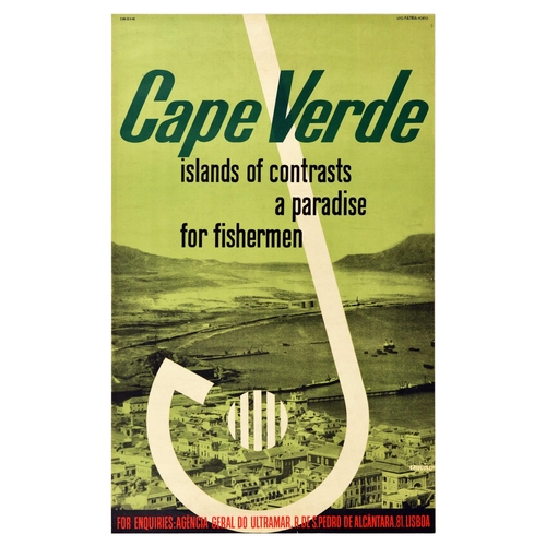 Travel Poster Cape Verde Island Paradise Fishing. Original vintage travel poster for Cape Verde featuring a black and white aerial photograph of the city coastline and the port, hills in the distance with a large white fishing hook over the image, the caption over the image reads - Cape Verde islands of contrasts. A paradise for fishermen. - with the red lettering below - For Enquiries: Agencia Geral do Ultramar, R.De S.Pedro de Alcantara 81 Lisboa. Printed by Patria - Porto, Portugal. Cape Verde or Cabo Verde, with its capital in Praia, is an archipelago volcanic island country in the Atlantic Ocean to the West from Africa. Good condition, creasing, staining, tears. Country of issue: Portugal, designer: Gravito, size (cm): 100x63, year of printing: 1960