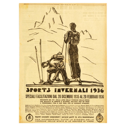 214 - Sport Poster ENIT Winter Sports State Railways Aosta Cortina d'Ampezzo. Original vintage newspaper f... 