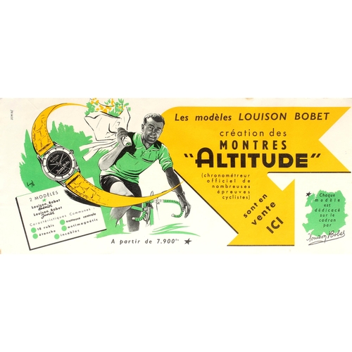 Sport Poster Tour De France Louison Bobet Altitude. Original vintage advertising poster published to promote two new watch models - Louison Bobet Senior and Louison Bobet Junior - created by the official timekeeper of several cycling competitions, Altitude, in honour of the winner of the Tour de France from 1953-1955, the French cyclist Louison Bobet (Louis Bobet; 1925-1983), signed on the dial by the rider. Dynamic image of the smiling cyclist holding up a bouquet of flowers with the watch depicted on the left side and a large yellow arrow on the right side with the title in black letters. Printed in France by Domine. Good condition, faint waving, small stains and creases in margins.   Country of issue: France, designer: Unknown, size (cm): 26.5x59, year of printing: 1954